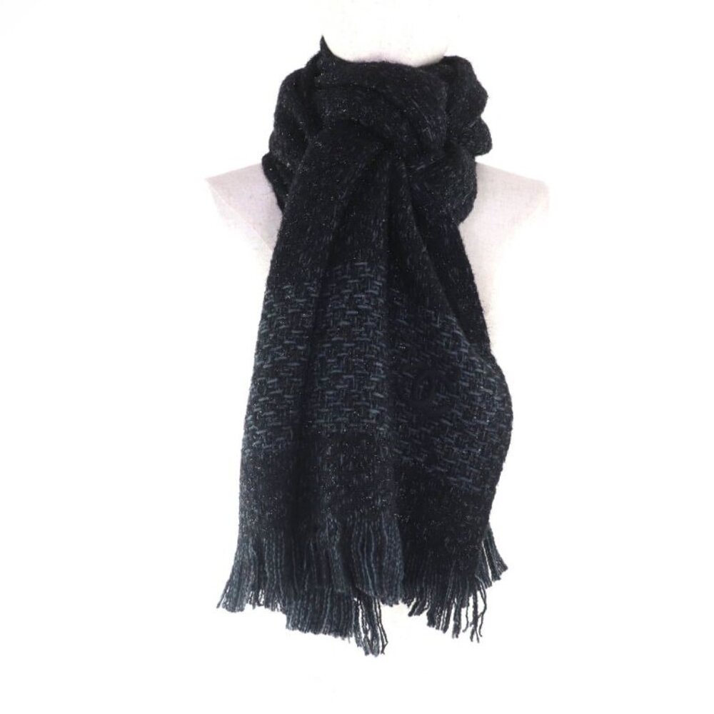 Chanel Cashmere Blend Coco Mark Embroidered Lame With Fringe Large Shawl Black - Picture 7 of 13